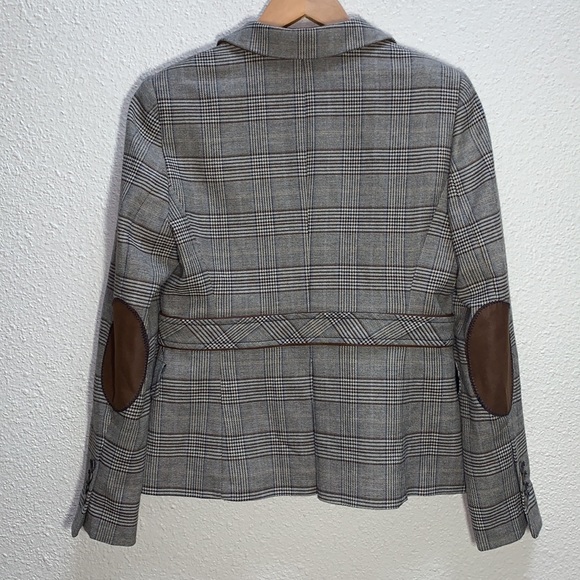 ZARA Basics Wool blend Plaid Blazer brown patchwork elbows 2 button satin lined - Picture 3 of 17